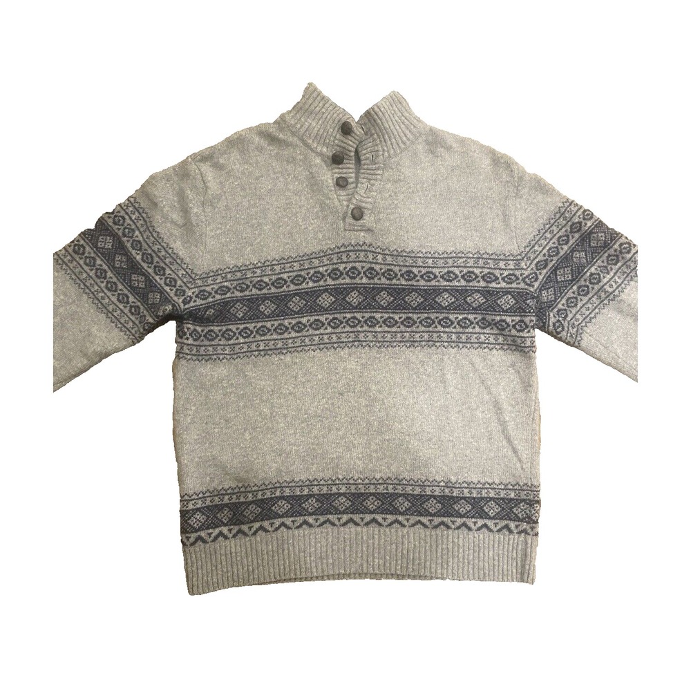 Daniele Blasi Mens Large Gray Navy Fair Isle 1/4 Button Mock Turtle Wool Sweater